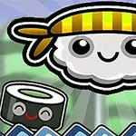 Tecknad sushi med ett leende ansikte och gulrandig bandana över ett kantigt blått och grönt bakgrundsmönster