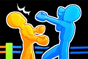 Två färgglada stickfigurer, en gul och en blå, slåss mot varandra i en boxningsring