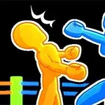 Två färgglada stickfigurer, en gul och en blå, slåss mot varandra i en boxningsring