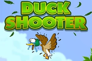 En tecknad and flyger medan den tappat fjädrar, och texten DUCK SHOOTER visas ovanför