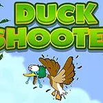 En tecknad and flyger medan den tappat fjädrar, och texten DUCK SHOOTER visas ovanför