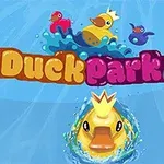 Animerade gummiankor i olika färger simmar på blå bakgrund, med texten DuckPark