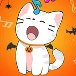 Tecknad katt med fladdermusvingar och Halloween-dekorationer på orange bakgrund