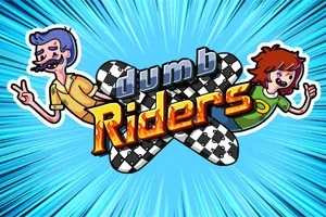 Två tecknade karaktärer med rutor och texten dumb Riders i mitten på en blå strålande bakgrund