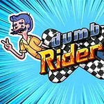 Två tecknade karaktärer med rutor och texten dumb Riders i mitten på en blå strålande bakgrund