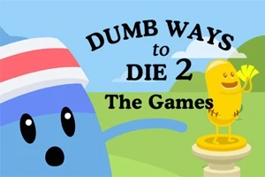 Två tecknade figurer, en blå figur med pannband och en gul figur som håller i löv, står på ett podium med texten DUMB WAYS to DIE 2 The Games ovanför