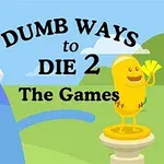 Två tecknade figurer, en blå figur med pannband och en gul figur som håller i löv, står på ett podium med texten DUMB WAYS to DIE 2 The Games ovanför