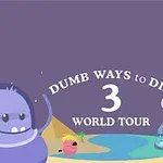 Tecknade figurer står framför en bakgrund med berg, vatten och en gul ubåt, med texten Dumb Ways to Die 3 World Tour