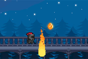Pixelkonstbild av en figur på en bro under natthimlen med stjärnor, en eldflamma och ett svävande guldmynt