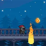 Pixelkonstbild av en figur på en bro under natthimlen med stjärnor, en eldflamma och ett svävande guldmynt