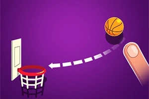 En tecknad bild med ett finger som pekar mot en basketboll som flyger mot en basketkorg på en lila bakgrund