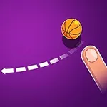 En tecknad bild med ett finger som pekar mot en basketboll som flyger mot en basketkorg på en lila bakgrund
