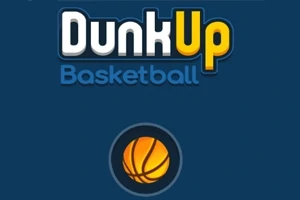 Texten Dunk Up Basketball i vitt och gult ovanför en tecknad basketboll på en mörkblå bakgrund