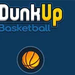Texten Dunk Up Basketball i vitt och gult ovanför en tecknad basketboll på en mörkblå bakgrund