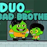 Två tecknade gröna karaktärer i fängelsekläder står framför en utgång med texten DUO BAD BROTHERS ovanför dem
