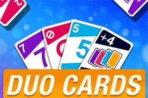 Kort med olika färger och siffror, samt texten DUO CARDS mot en blå bakgrund med ljuspunkter