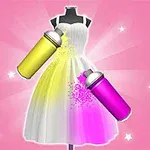 En vit klänning på en skyltdocka sprayas med gul och lila färg, mot en rosa bakgrund med vita stjärnor