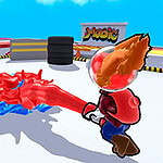 Två tecknade figurer står mot varandra på en spelplan och avfyrar färgstrålar, en röd och en blå, mot varandra