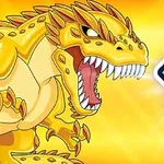 En gul tecknad dinosaurie med öppen mun bredvid numret tio på en strålande gul bakgrund