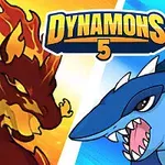 Två tecknade varelser, en elddrake och en blå hajliknande varelse, står mot varandra under texten Dynamons 5