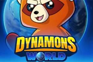 En tecknad röd panda-liknande figur med stora ögon och texten Dynamons World framför en jordglob i bakgrunden