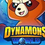 En tecknad röd panda-liknande figur med stora ögon och texten Dynamons World framför en jordglob i bakgrunden