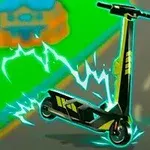Elektrisk sparkcykel med blixtar runt om, på en tecknad väg