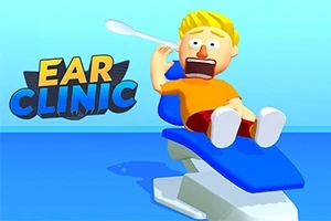 En animerad figur med blont hår sitter i en blå klinikstol och ser rädd ut med en öronrengörare närvarande
