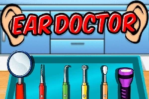 Ett tecknat motiv med öronläkarverktyg i en blå bricka och stora tecknade öron samt texten EAR DOCTOR