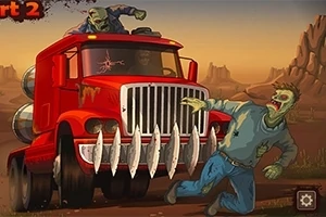 Earn to Die 2012: Part 2 Röd lastbil med vassa stötfÄngare kör mot en zombie i en ökenliknande miljö