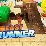 Tecknad scen med en person som springer genom en färgglad marknad med texten East Runner i förgrunden