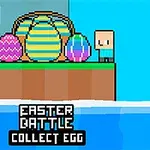 Två figuriner i pixelstil står på en plattform vid färgglada påskägg med texten Easter Battle Collect Egg nedanför