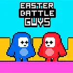 Två pixelgrafiska karaktärer, en blå och en röd, står bredvid varandra mot en färgglad bakgrund med texten Easter Battle Guys ovanför dem