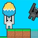 En pixlad figur bär ett stort påskägg medan en svart form studsar i luften mot en ljusblå bakgrund, med texten Easter Egg Arena i nedre hörnet