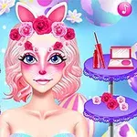 En tecknad figur med rosa hår, kaninöron och blommor i håret omgiven av sminkprodukter på lila bord mot en färgglad bakgrund