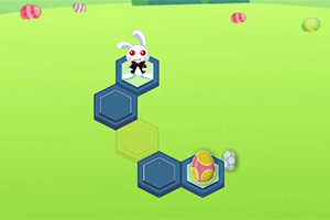 Illustration av en kanin i kostym på en blå hexagonal plattform bredvid en morot på en grön bakgrund med mönstrade ägg