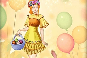 Kvinna i gul klänning med blommor i håret håller en korg med ägg, omgiven av färgglada ballonger