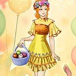 Kvinna i gul klänning med blommor i håret håller en korg med ägg, omgiven av färgglada ballonger