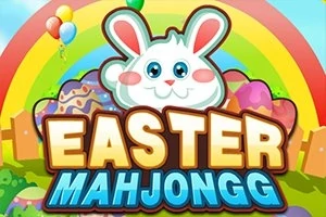 En tecknad kanin med stora ögon sitter ovanpå färgglada påskägg framför en regnbåge och ballonger, med texten Easter Mahjongg nedanför