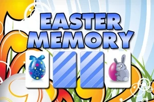 Texten Easter Memory med ett påskägg och en påskhare mot en färgglad bakgrund