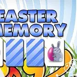 Texten Easter Memory med ett påskägg och en påskhare mot en färgglad bakgrund