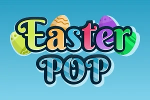 Texten Easter POP i färgglada bokstäver med dekorerade påskägg i bakgrunden mot en blå bakgrund