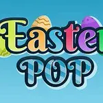 Texten Easter POP i färgglada bokstäver med dekorerade påskägg i bakgrunden mot en blå bakgrund
