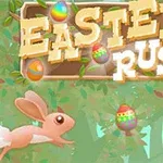En tecknad kanin hoppar bland färgglada påskägg under en skylt med texten Easter Rush i en skogsmiljö