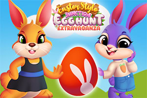 Easter Style Junction Egg Hunt Extravaganza Två färgglada kaniner står bredvid ett stort påskägg med en kaninsilhuett mot en blå himmel och gröna kullar