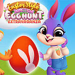 Easter Style Junction Egg Hunt Extravaganza Två färgglada kaniner står bredvid ett stort påskägg med en kaninsilhuett mot en blå himmel och gröna kullar