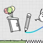 Ett ritbord med ballonger, en stor penna, och en animerad karaktär som hoppar över en linje nära en spikfälla