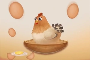 En tecknad höna sitter i ett bo omgiven av ägg, där ett är knäckt och visar en äggula