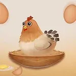 En tecknad höna sitter i ett bo omgiven av ägg, där ett är knäckt och visar en äggula
