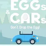 Blå bil med ägg på taket i ett tecknat landskap med träd i bakgrunden och texten EGGs & CARs Dont Drop the Egg!